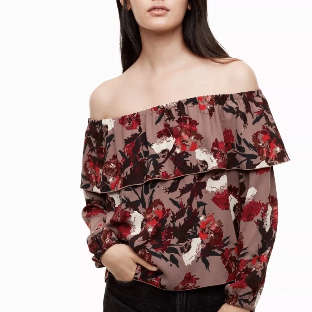 Wilfred Off-Shoulder Floral Blouse in Mauve with Red and Black Print - Picture 1 of 2
